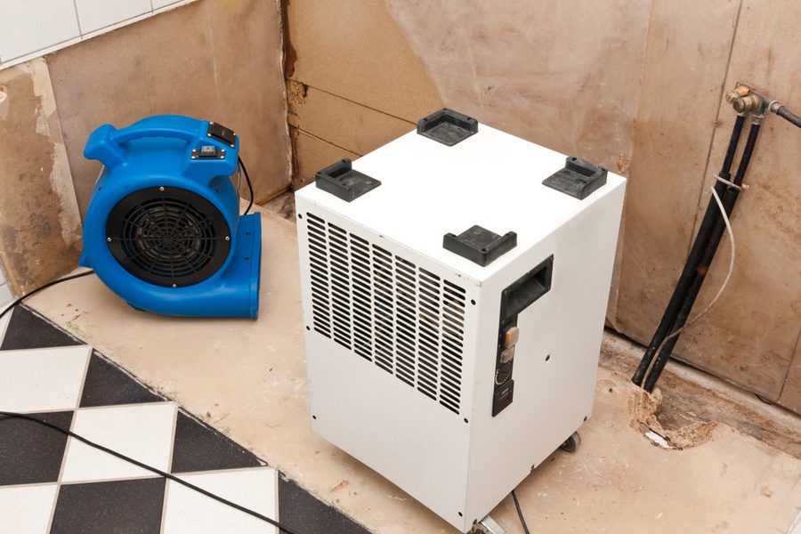 Air mover and dehumidifier in bathroom