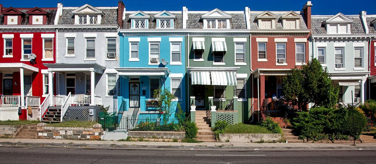 Row of colorful houses in a local neighborhood