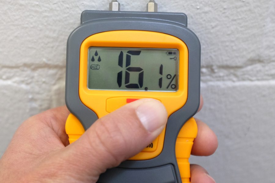 Hand holding a digital moisture meter showing 16.1%
